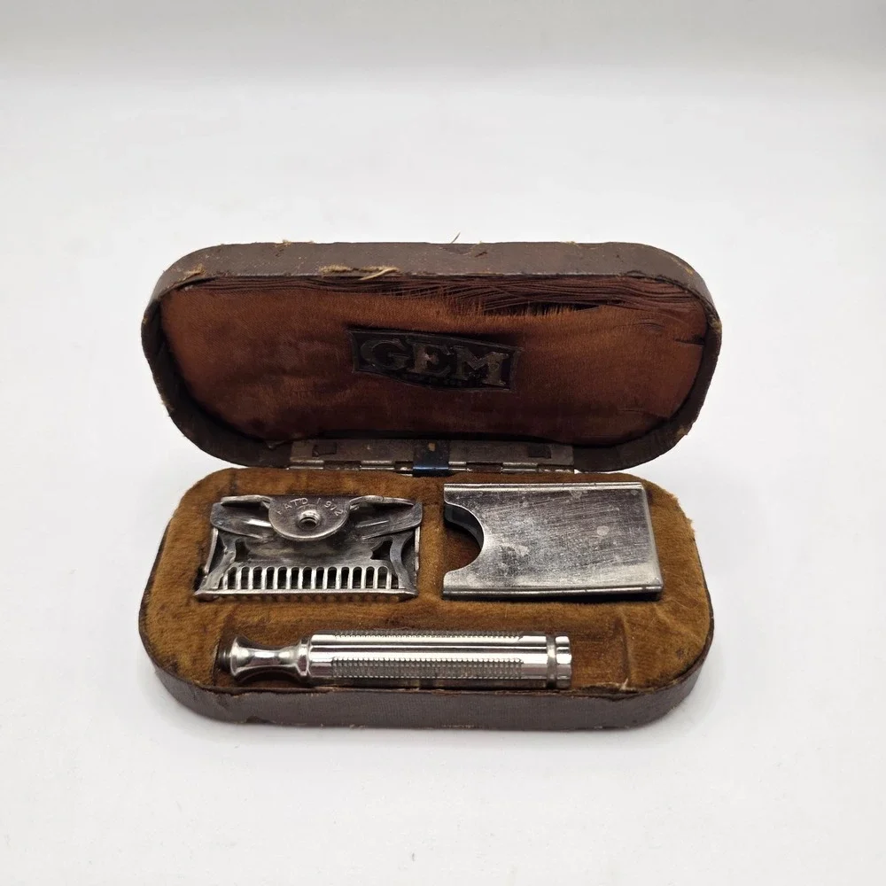 GEM Safety Razor Mens Silver 1912 Patent Vintage‎ Shaving Travel Kit Case
